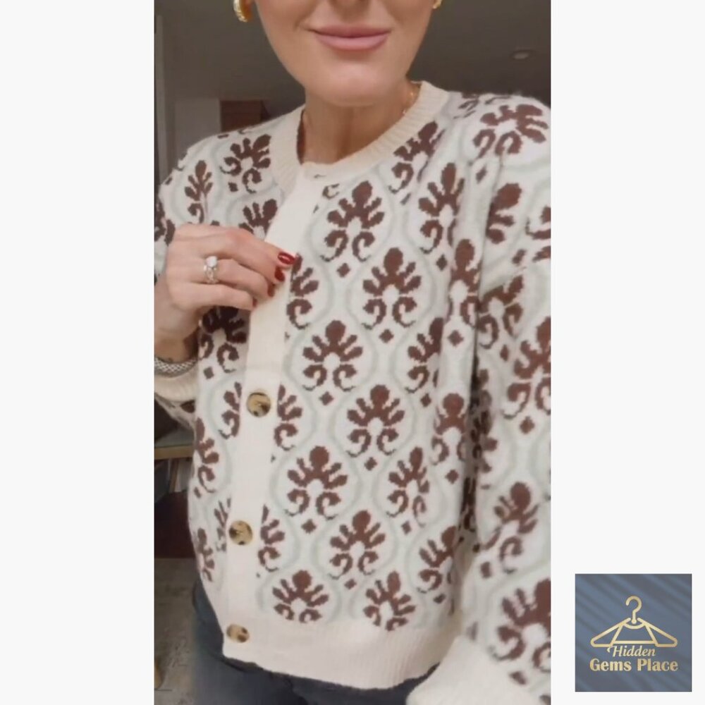 Floral Cardigan Sweater Open Front Long Sleeve Button Down Knit Vintage - Picture 7 of 7